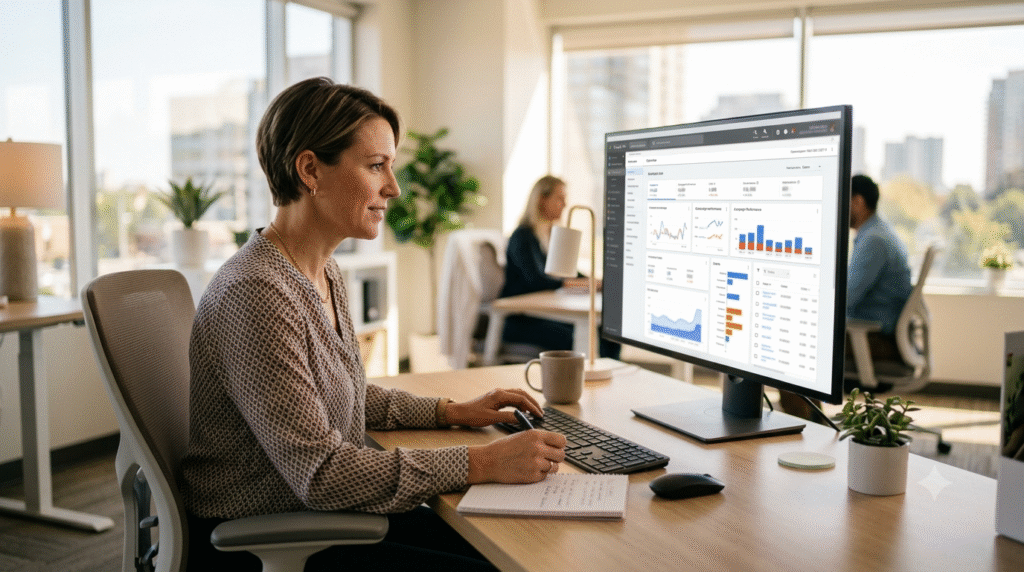 Google Ads management Ontario 2026 — Ontario SMB owner reviewing Google Ads dashboard on laptop