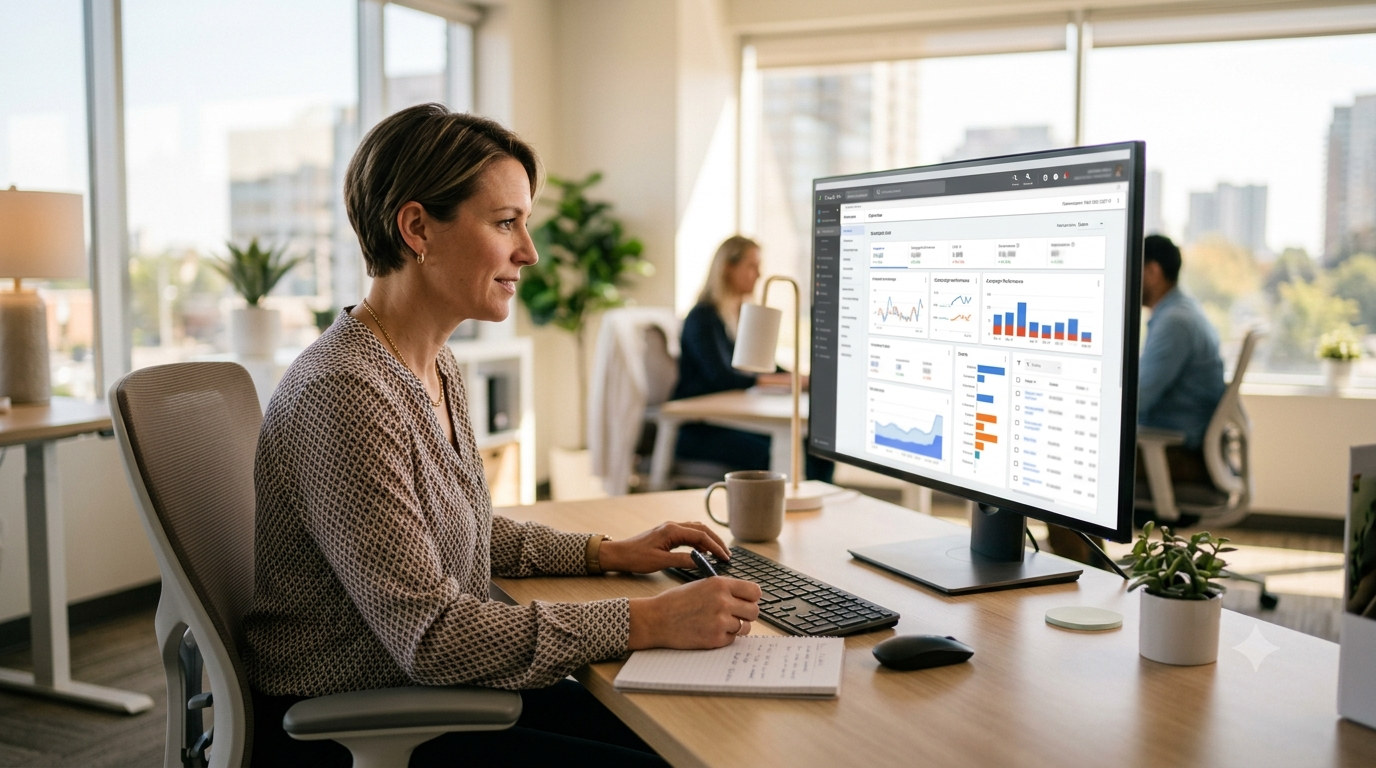 Google Ads management Ontario 2026 — Ontario SMB owner reviewing Google Ads dashboard on laptop