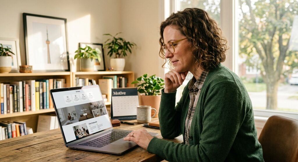 Web Design Services Ontario 2026: Complete Guide to Sites That Convert | Webtech Analyst web design services Ontario 2026 — Ontario small business owner reviewing new website on laptop
