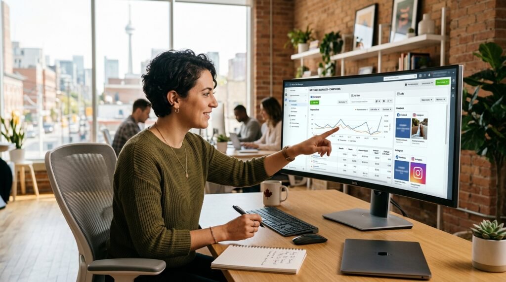 Meta Ads Ontario 2026: The Essential Guide to Facebook & Instagram Ads for Ontario SMBs Meta Ads Ontario 2026 — Ontario SMB owner reviewing Facebook Instagram ad performance dashboard
