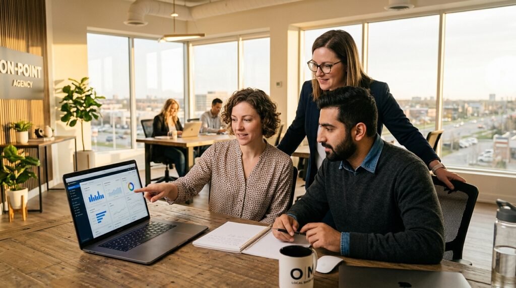 Performance Marketing Agency Ontario 2026: Proven Results for Ontario SMBs performance marketing agency Ontario 2026 — Webtech Analyst team reviewing Google Ads and Meta campaign results on dashboard