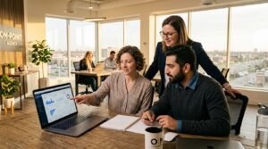 Blogs performance marketing agency Ontario 2026 — Webtech Analyst team reviewing Google Ads and Meta campaign results on dashboard