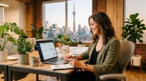 Blogs SEO agency Toronto 2026 — Toronto small business owner reviewing GEO and local SEO rankings on laptop