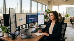 Blogs digital marketing agency Toronto 2026 — GTA business owner reviewing integrated marketing dashboard on laptop