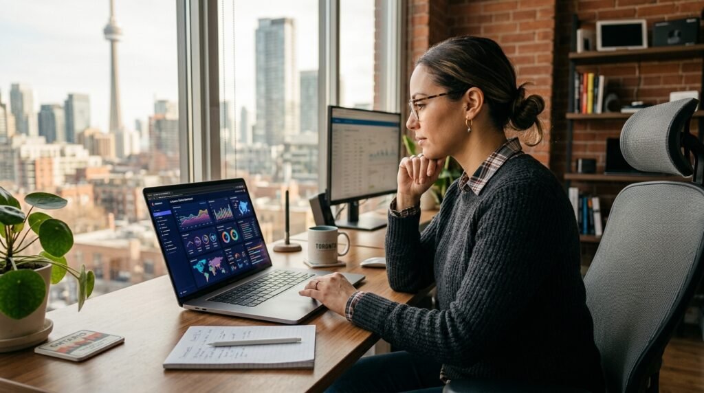 Generative engine optimization 2026 — analyst reviewing AI search citation dashboard on laptop