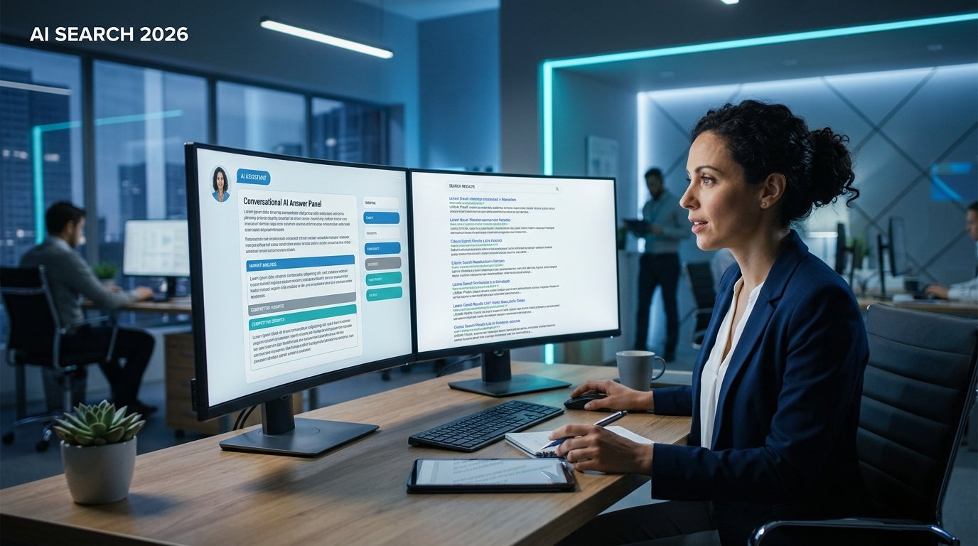 AI search optimization Canada 2026 - marketer comparing AI assistant answers and traditional search results on two screens