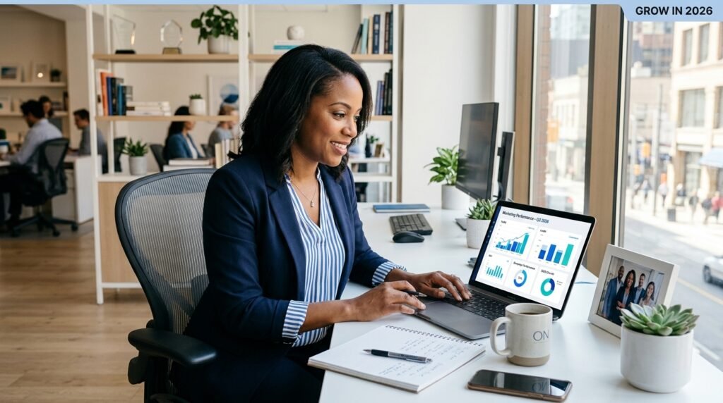 Digital marketing agency Mississauga - Ontario small business owner reviewing Google Ads and SEO performance on a laptop