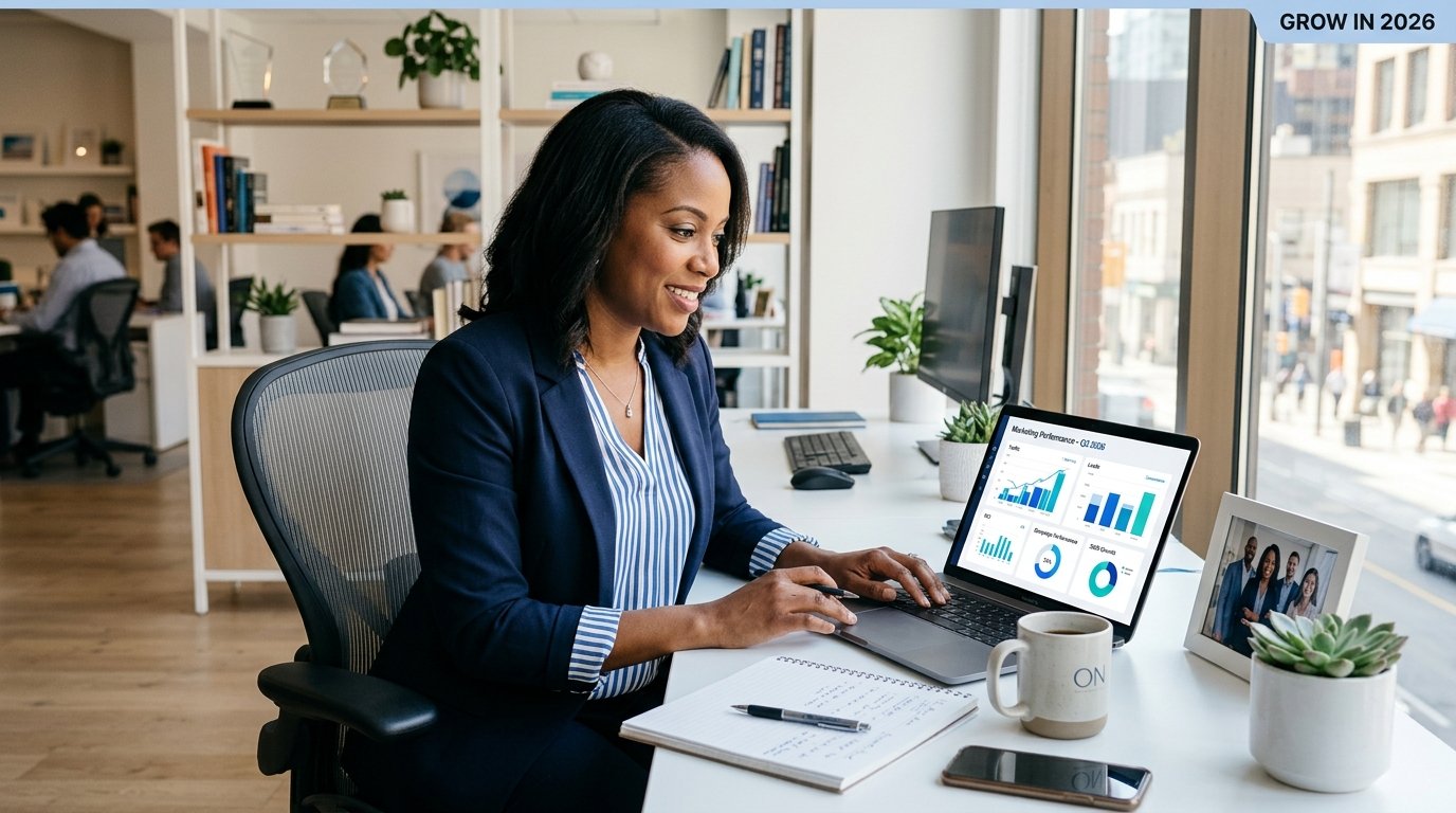 Digital marketing agency Mississauga - Ontario small business owner reviewing Google Ads and SEO performance on a laptop