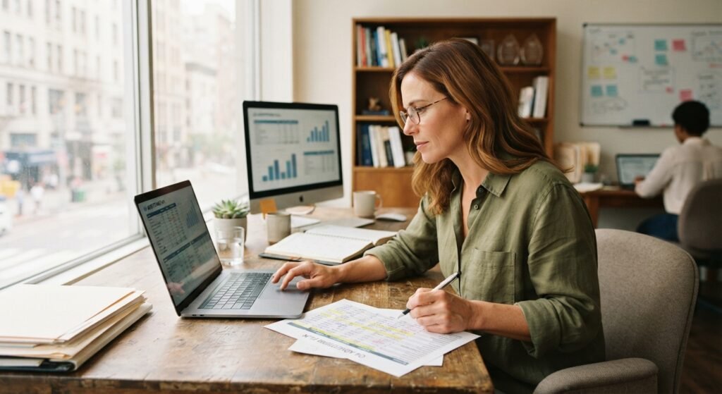 A small business owner planning an advertising budget on a laptop in a bright office, editorial photography, no readable text on screen.