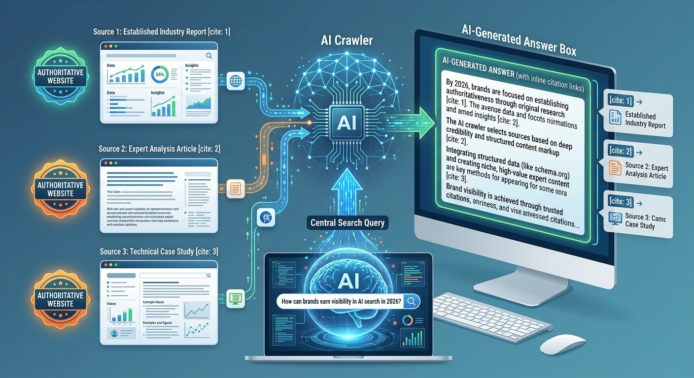 answer engine optimization diagram showing AI search citations 2026