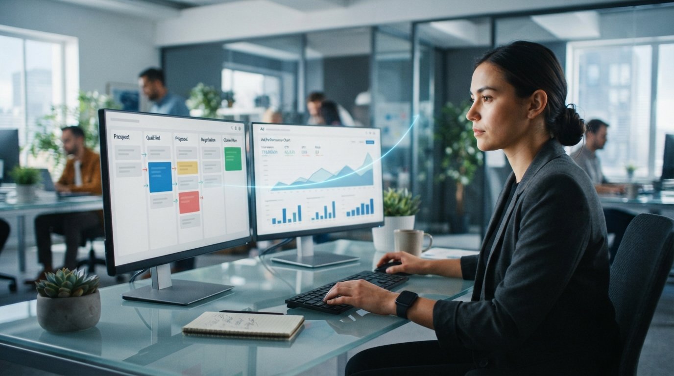 offline conversion tracking - marketer matching CRM sales records to Google Ads campaign results on a laptop